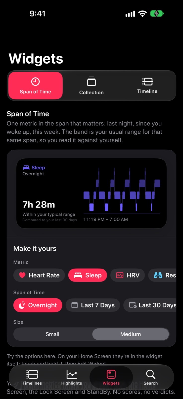 Span of Time — One metric inside one space, from the Lock Screen up.